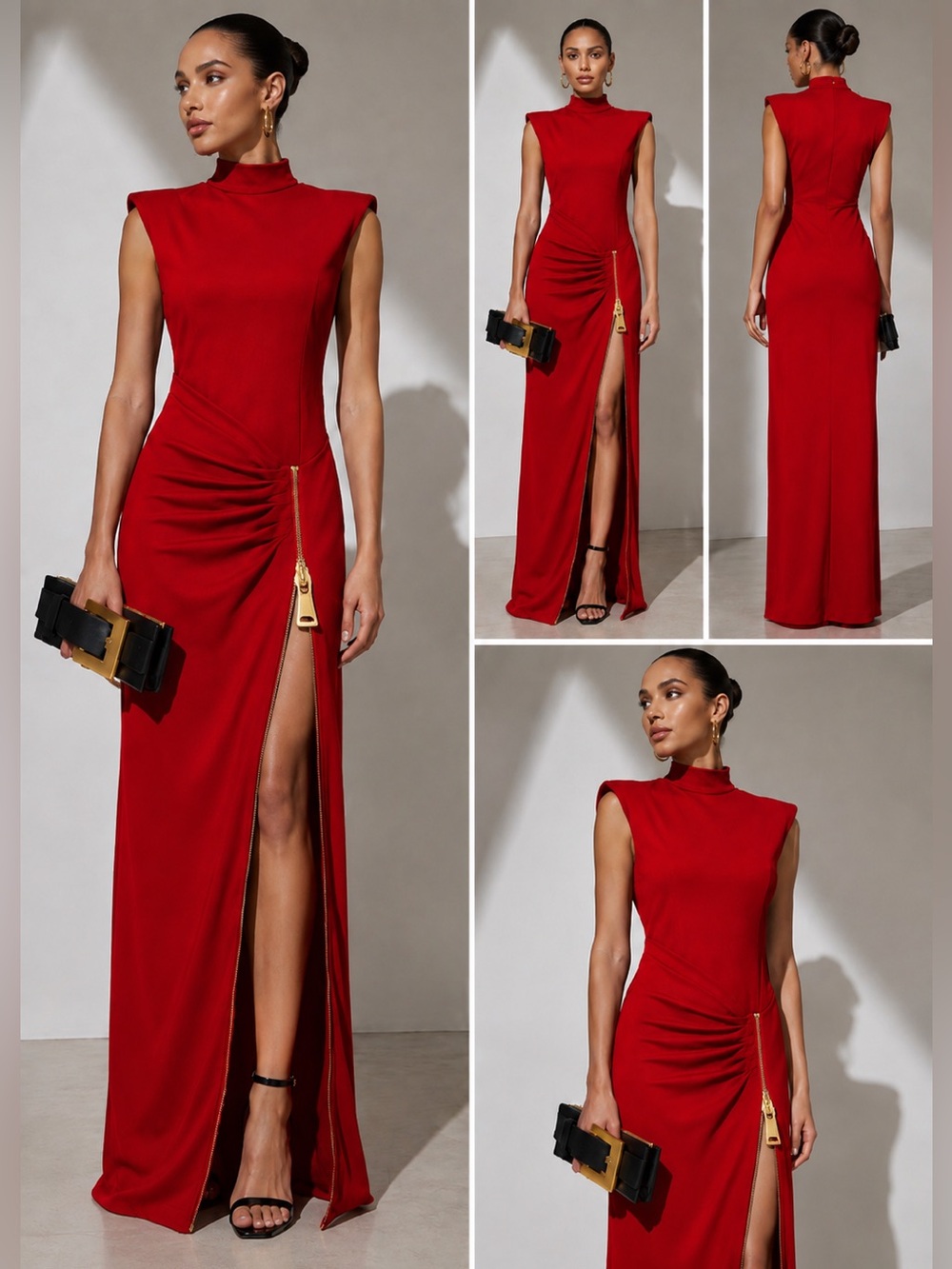 Red Gold-Zip Draped Maxi Dress